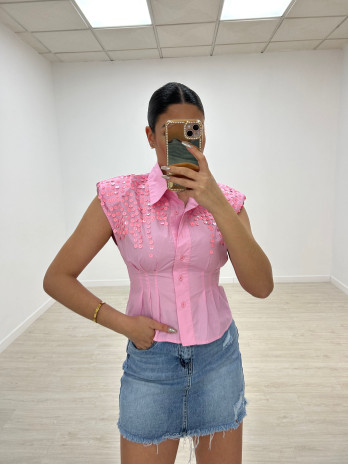 CAMISA HOMBRERAS LENTEJUELA ROSA