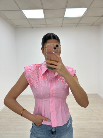CAMISA HOMBRERAS LENTEJUELA ROSA