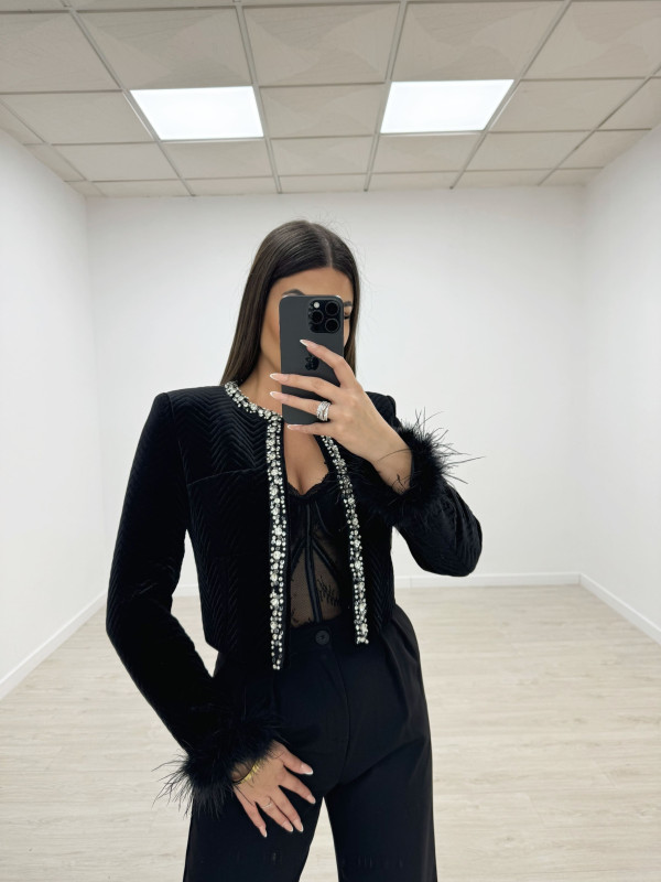 BLAZER CROP TERCIOPELO JOYA NEGRA