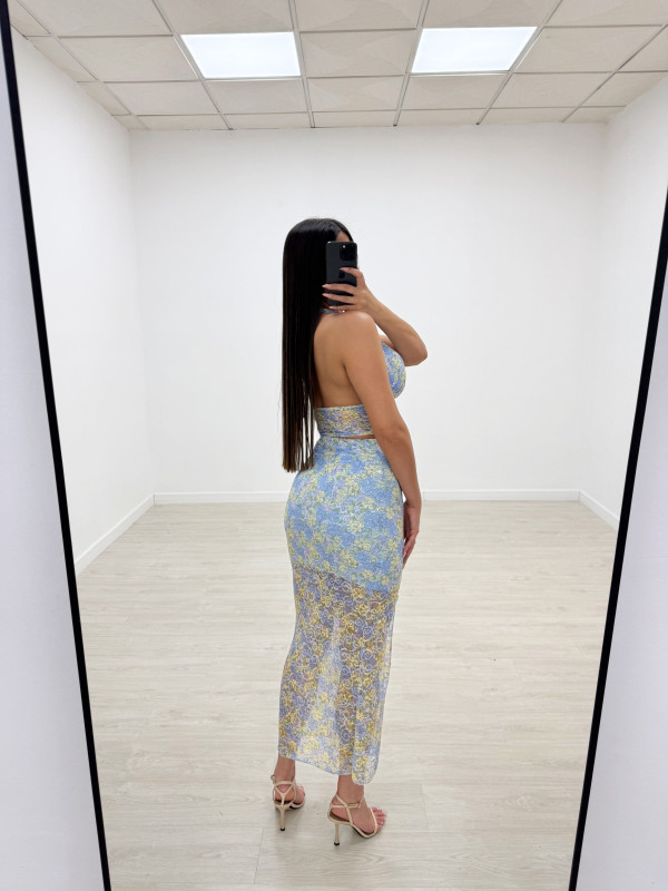 CONJUNTO ENCAJE FALDA CELESTE