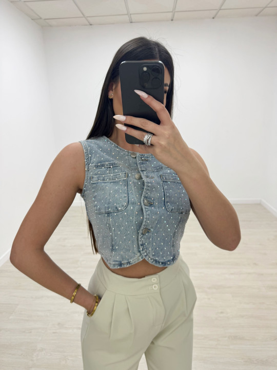 TOP-CHALECO CROP DENIM BRILLO TOP-CHALECO CROP DENIM BRILLO