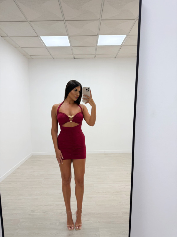 VESTIDO HALTER FRUNCIDO CORAZÓN BURDEOS