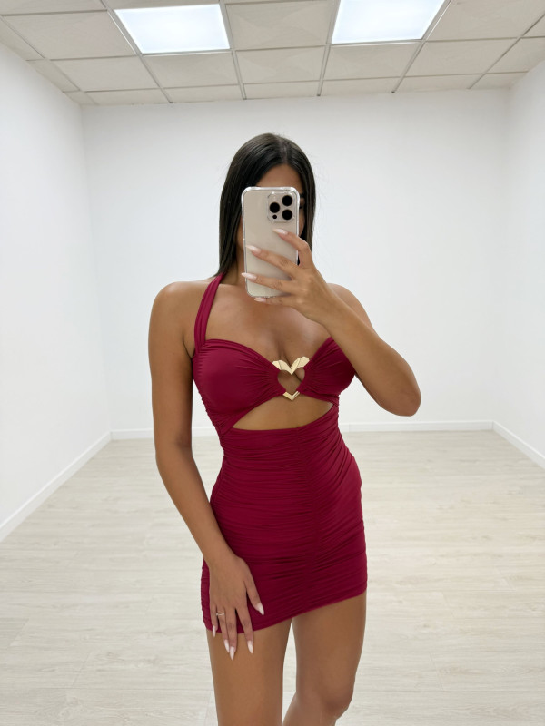 VESTIDO HALTER FRUNCIDO CORAZÓN BURDEOS