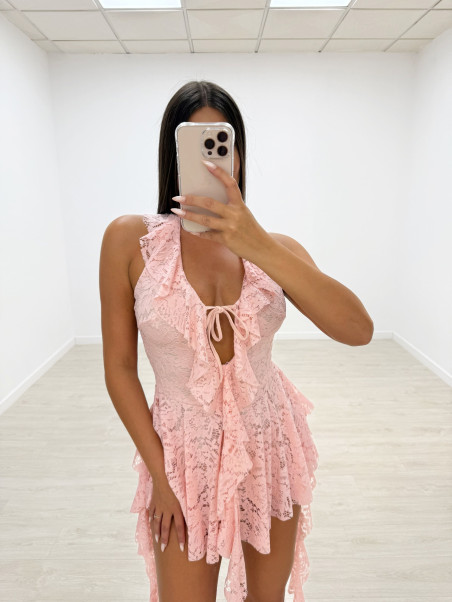 VESTIDO ENCAJE HALTER ROSA