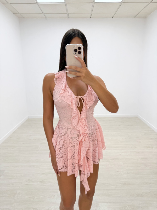 VESTIDO ENCAJE HALTER ROSA