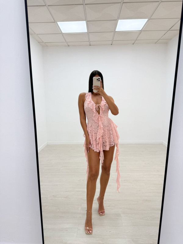 VESTIDO ENCAJE HALTER ROSA