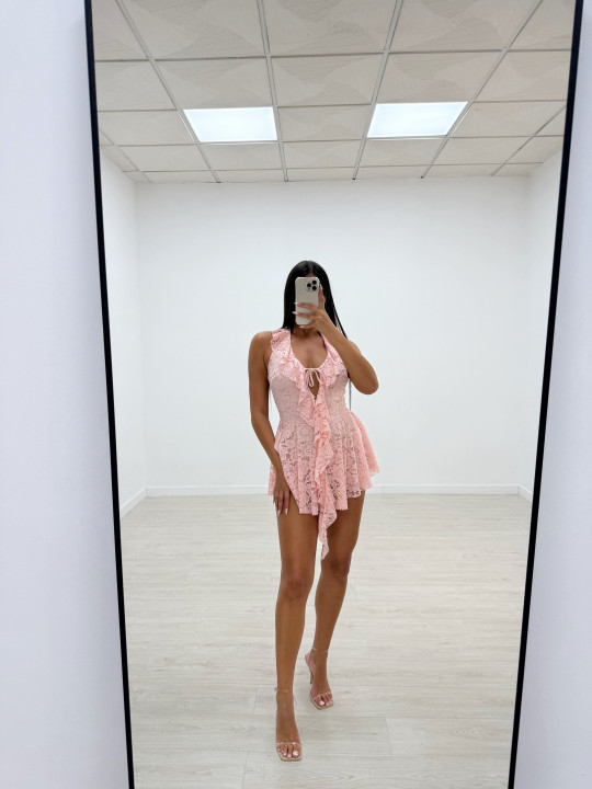 VESTIDO ENCAJE HALTER ROSA