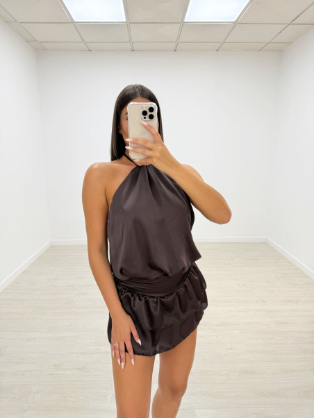 VESTIDO-MONO VOLANTES SATINADO MARRÓN