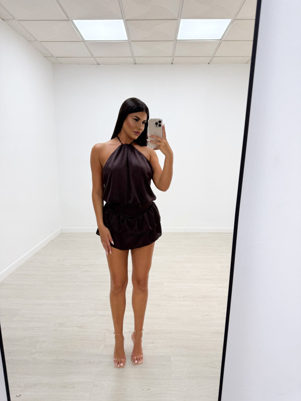 VESTIDO-MONO VOLANTES SATINADO MARRÓN