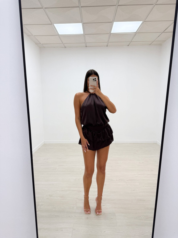 VESTIDO-MONO VOLANTES SATINADO MARRÓN