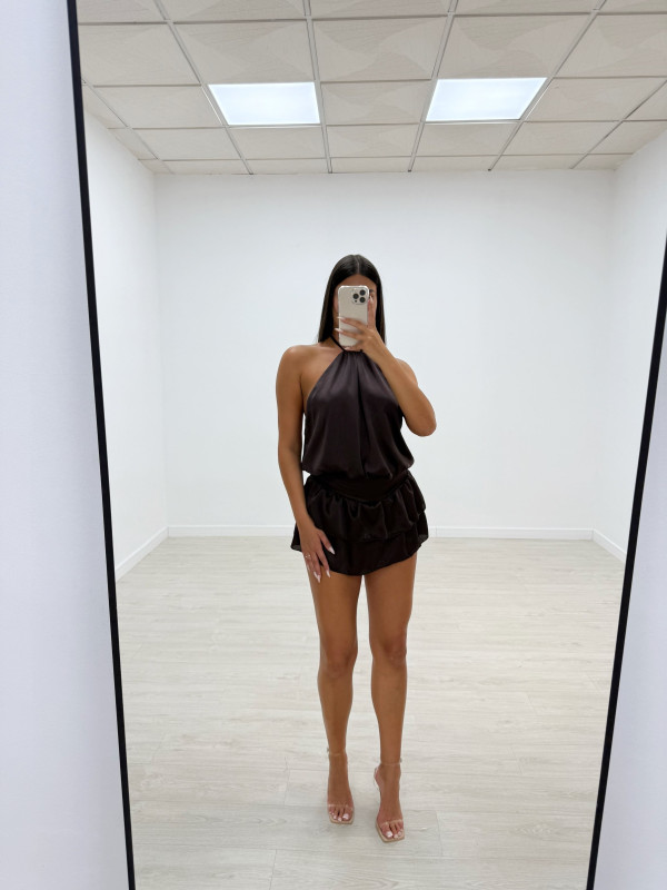 VESTIDO-MONO VOLANTES SATINADO MARRÓN