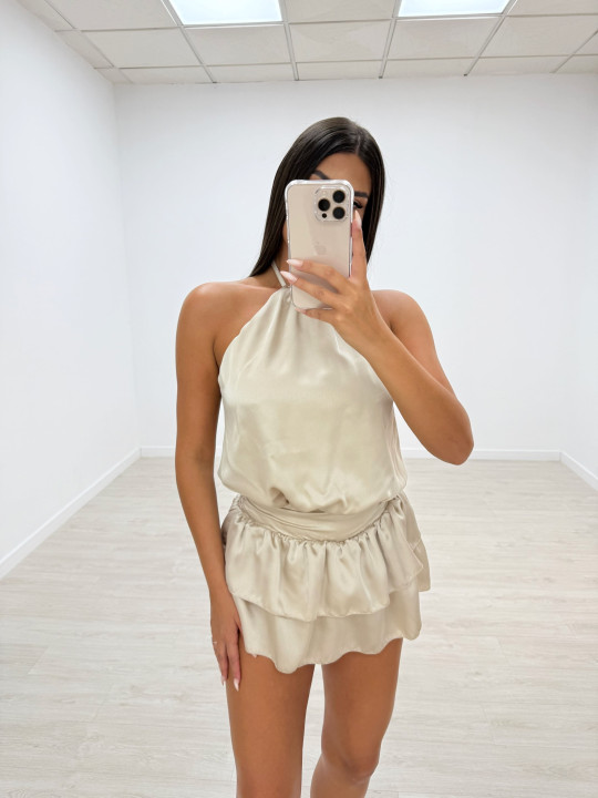 VESTIDO-MONO VOLANTES SATINADO BEIGE VESTIDO-MONO VOLANTES SATINADO BEIGE