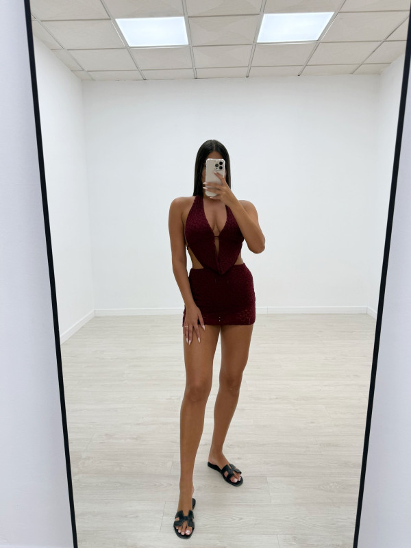 VESTIDO/MONO HALTER ENCAJE BURDEOS