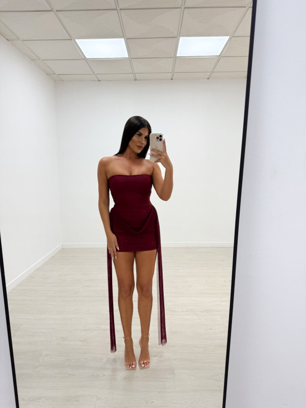 VESTIDO MINI TUL LAZADAS BURDEOS