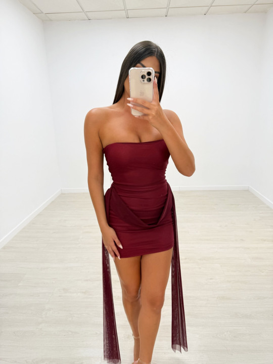 VESTIDO MINI TUL LAZADAS BURDEOS VESTIDO MINI TUL LAZADAS BURDEOS