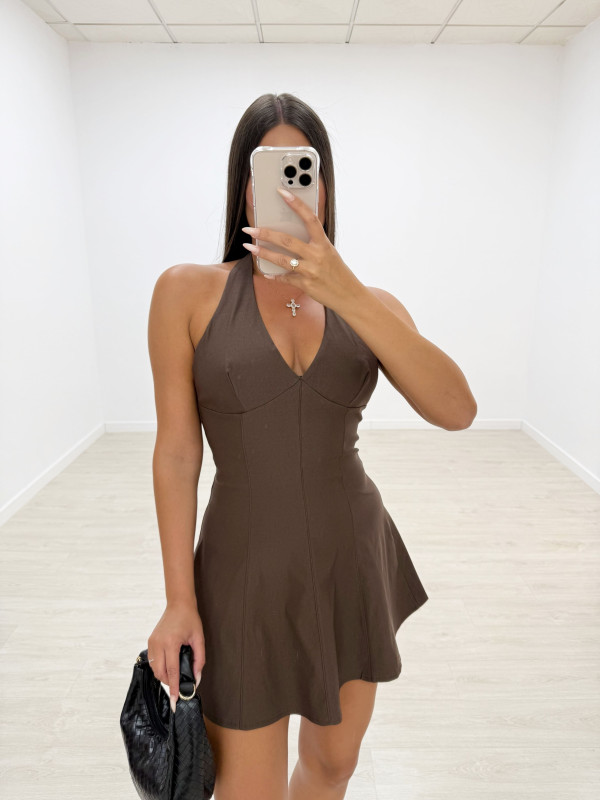 VESTIDO MINI VUELVO HALTER MARRÓN