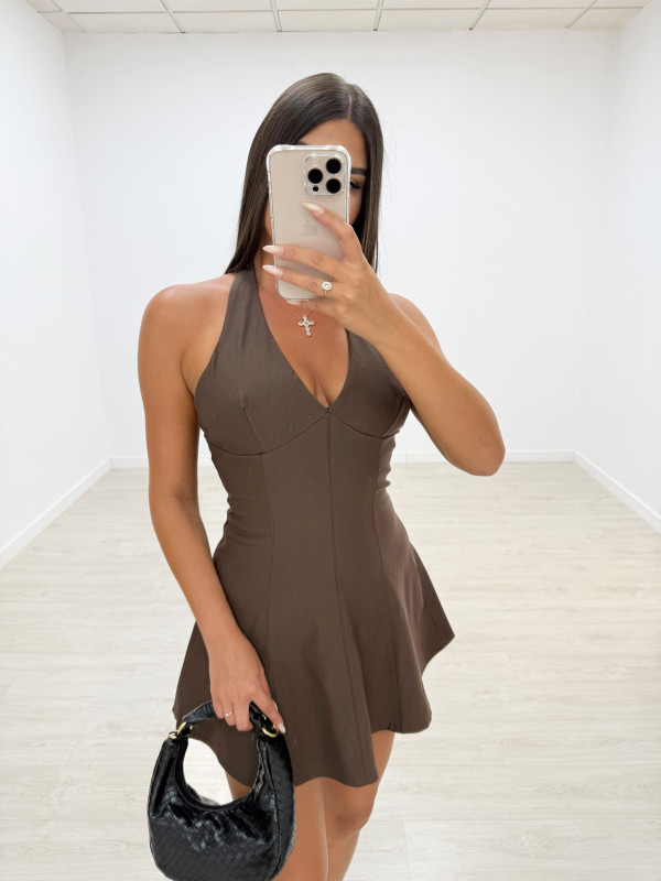 VESTIDO MINI VUELVO HALTER MARRÓN