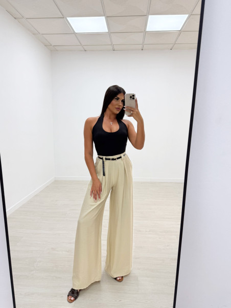 PANTALÓN WIDE LEG FLUIDO + CINTURÓN BEIGE