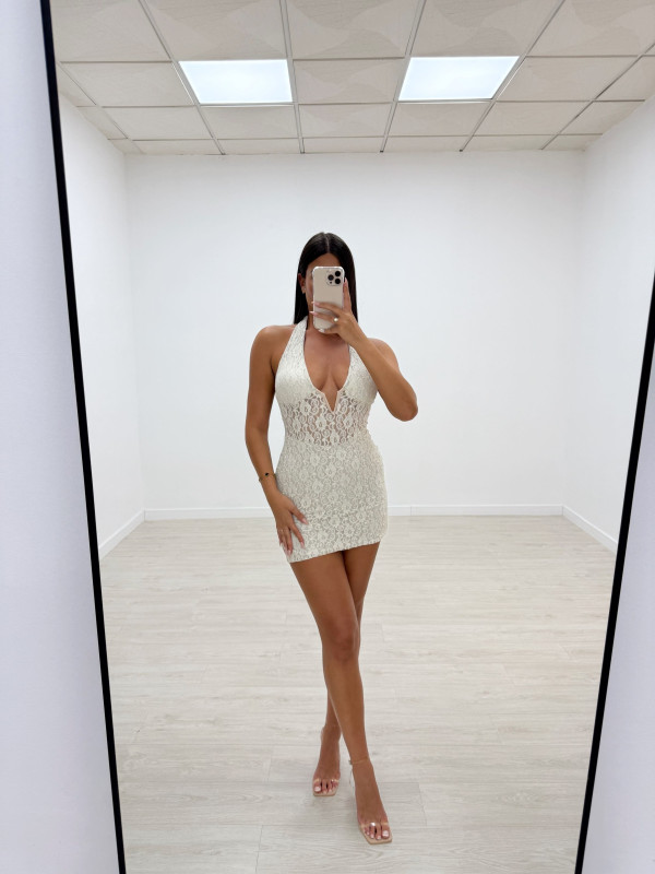 VESTIDO HALTER ENCAJE BEIGE