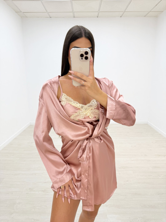 CONJUNTO BATA Y CAMISÓN SEDA ROSA