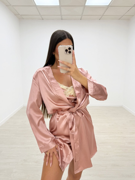 CONJUNTO BATA Y CAMISÓN SEDA ROSA