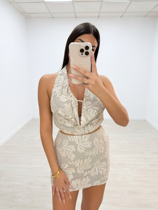 CONJUNTO LENTEJUELAS FLOR BEIGE