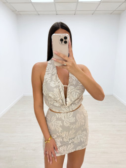 CONJUNTO LENTEJUELAS FLOR BEIGE