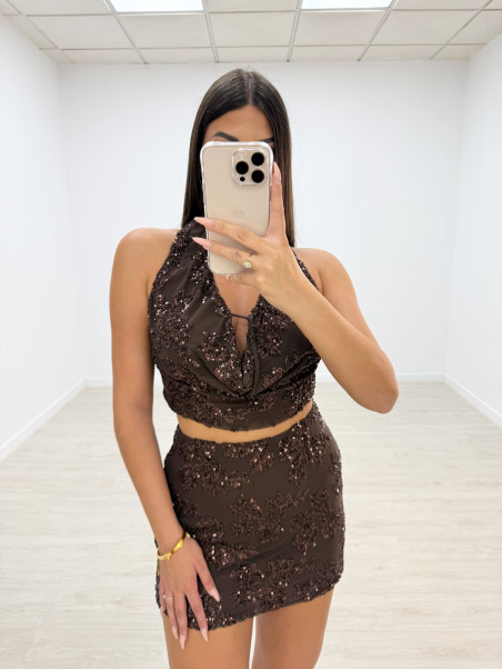 CONJUNTO LENTEJUELAS FLOR MARRÓN