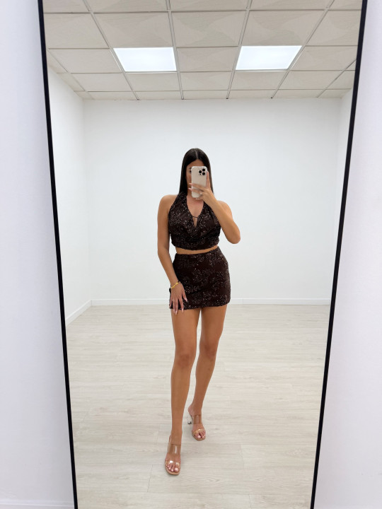 CONJUNTO LENTEJUELAS FLOR MARRÓN