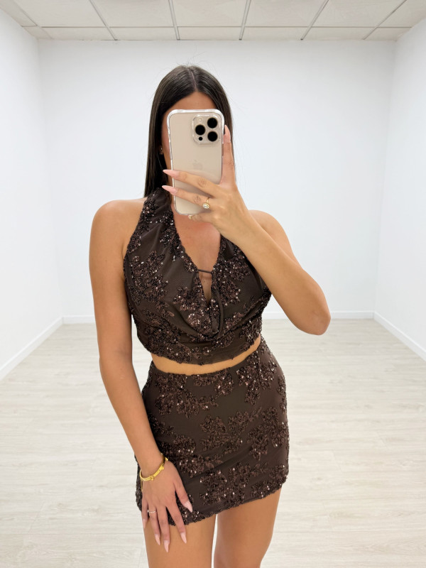 CONJUNTO LENTEJUELAS FLOR MARRÓN