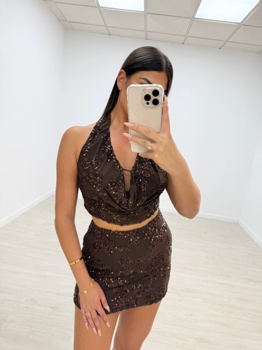 CONJUNTO LENTEJUELAS FLOR MARRÓN