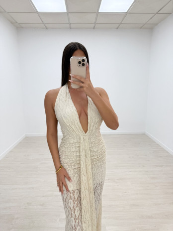 VESTIDO HALTER ENCAJE LARGO BEIGE