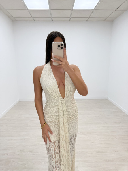 VESTIDO HALTER ENCAJE LARGO BEIGE