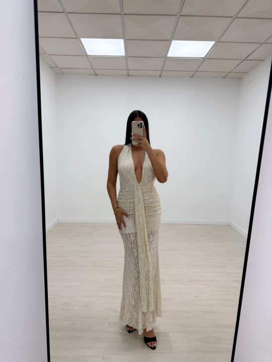 VESTIDO HALTER ENCAJE LARGO BEIGE