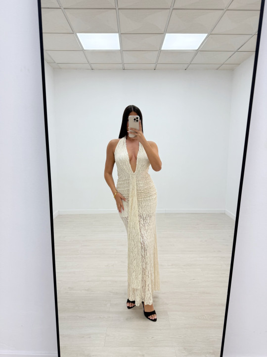 VESTIDO HALTER ENCAJE LARGO BEIGE