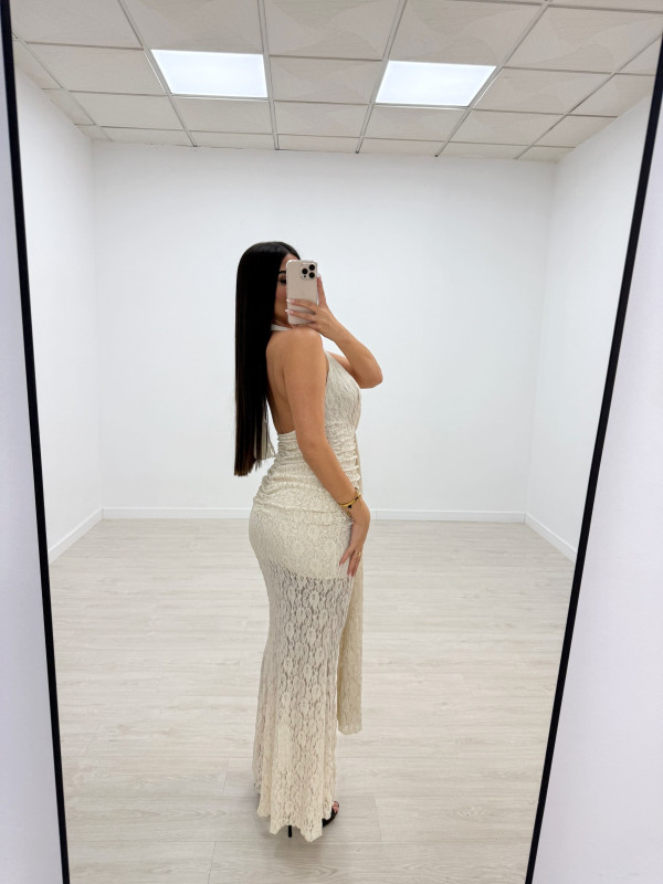VESTIDO HALTER ENCAJE LARGO BEIGE