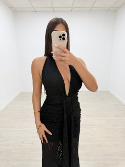 VESTIDO HALTER ENCAJE LARGO NEGRO