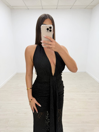 VESTIDO HALTER ENCAJE LARGO NEGRO