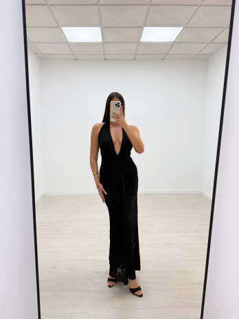 VESTIDO HALTER ENCAJE LARGO NEGRO