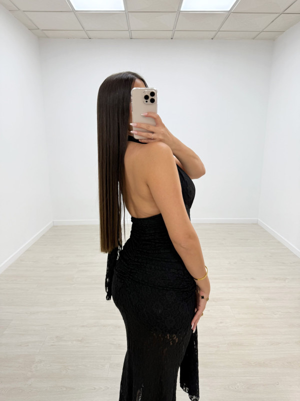 VESTIDO HALTER ENCAJE LARGO NEGRO