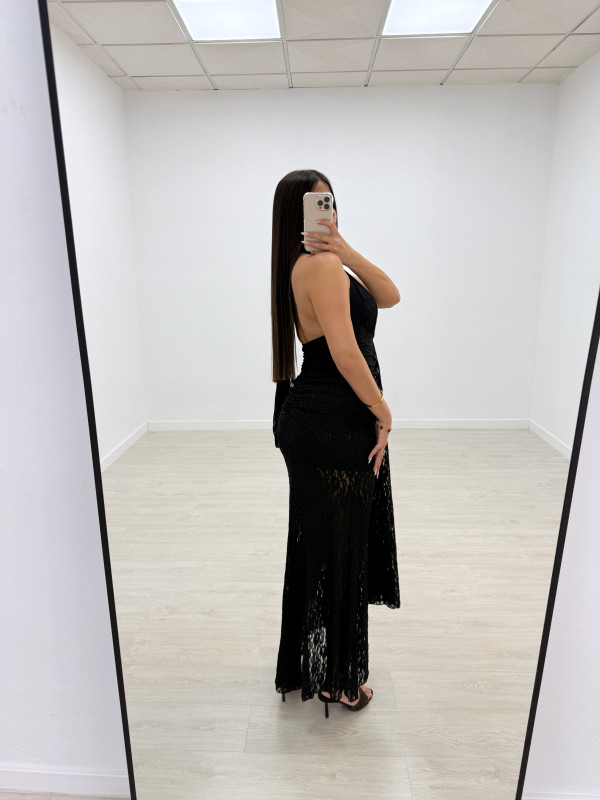 VESTIDO HALTER ENCAJE LARGO NEGRO
