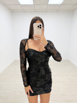 VESTIDO FLOR LENTEJUELAS MANGUITOS NEGRO