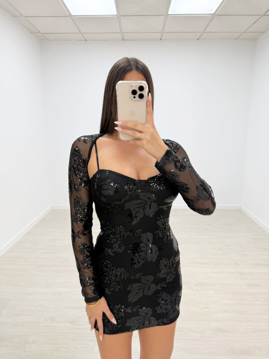 VESTIDO FLOR LENTEJUELAS MANGUITOS NEGRO