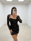 VESTIDO FLOR LENTEJUELAS MANGUITOS NEGRO VESTIDO FLOR LENTEJUELAS MANGUITOS NEGRO