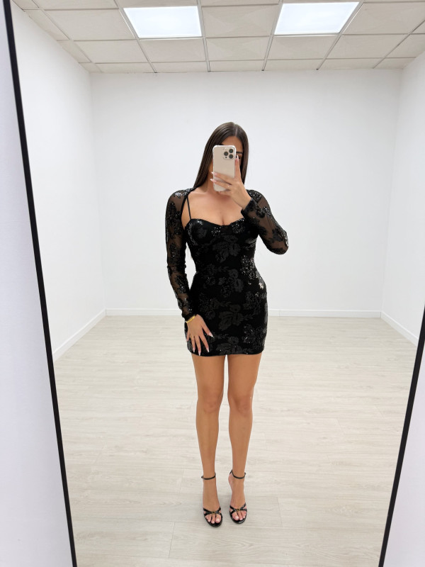 VESTIDO FLOR LENTEJUELAS MANGUITOS NEGRO