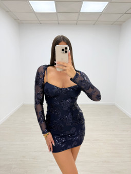 VESTIDO FLOR LENTEJUELAS MANGUITOS AZUL MARINO