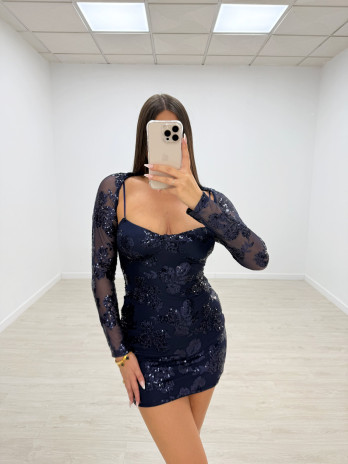 VESTIDO FLOR LENTEJUELAS MANGUITOS AZUL MARINO