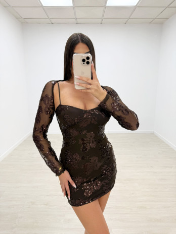 VESTIDO FLOR LENTEJUELA MANGUITOS MARRÓN