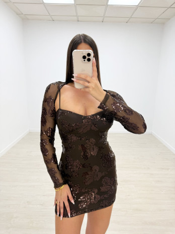 VESTIDO FLOR LENTEJUELA MANGUITOS MARRÓN