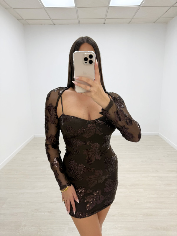 VESTIDO FLOR LENTEJUELA MANGUITOS MARRÓN